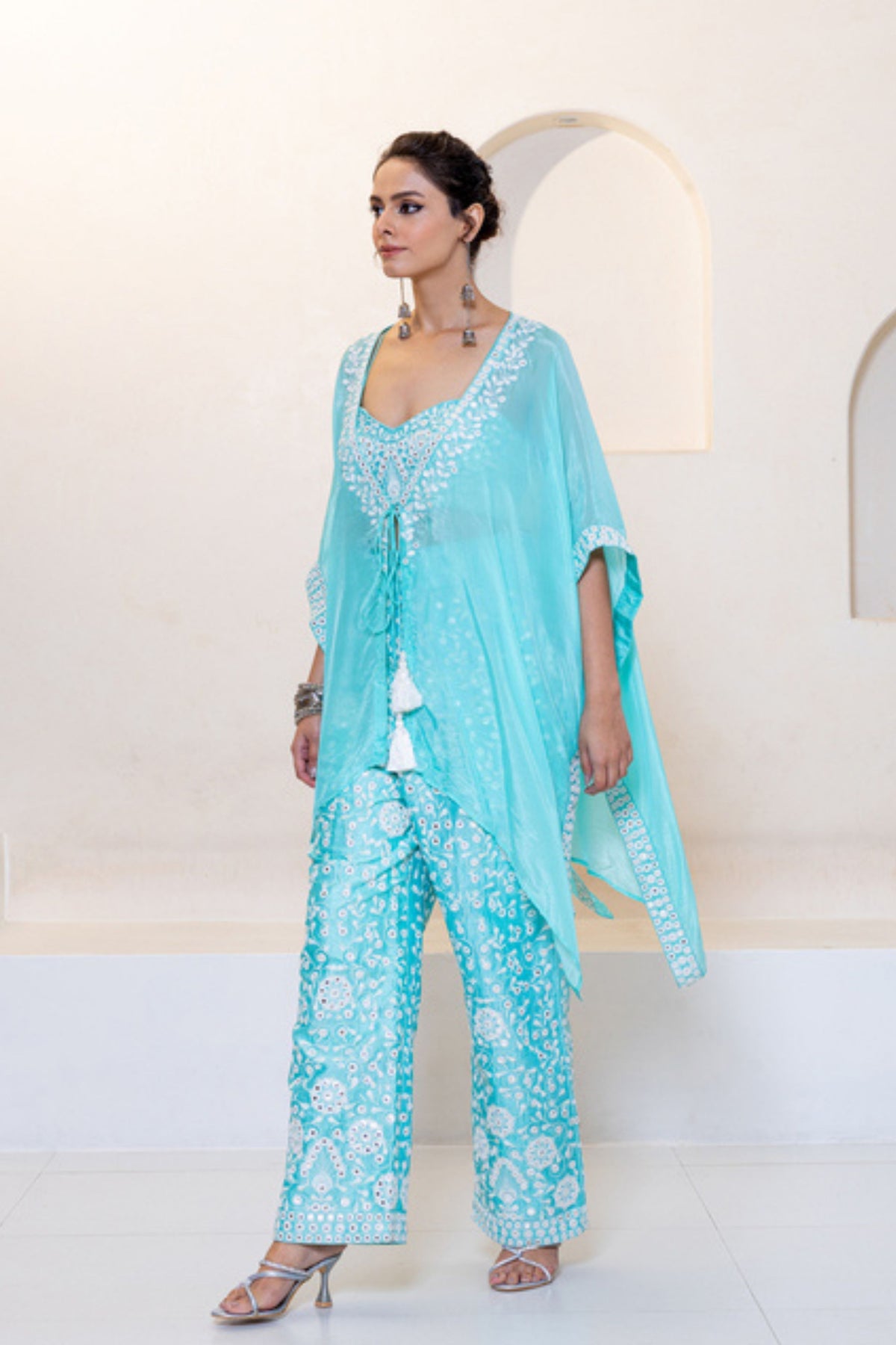 Aqua Kaftan With Bustier Set