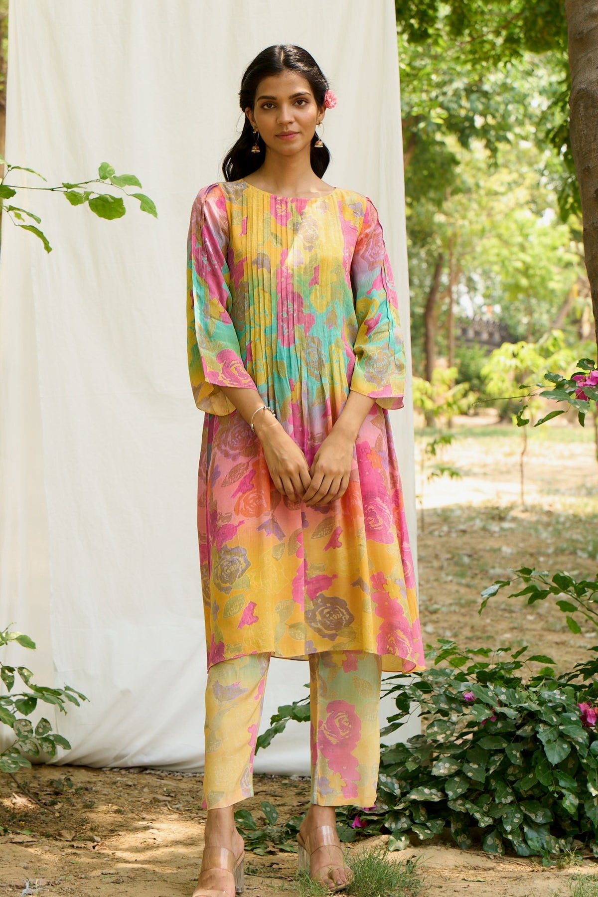 Pleated  Kurta Set With Floral Print