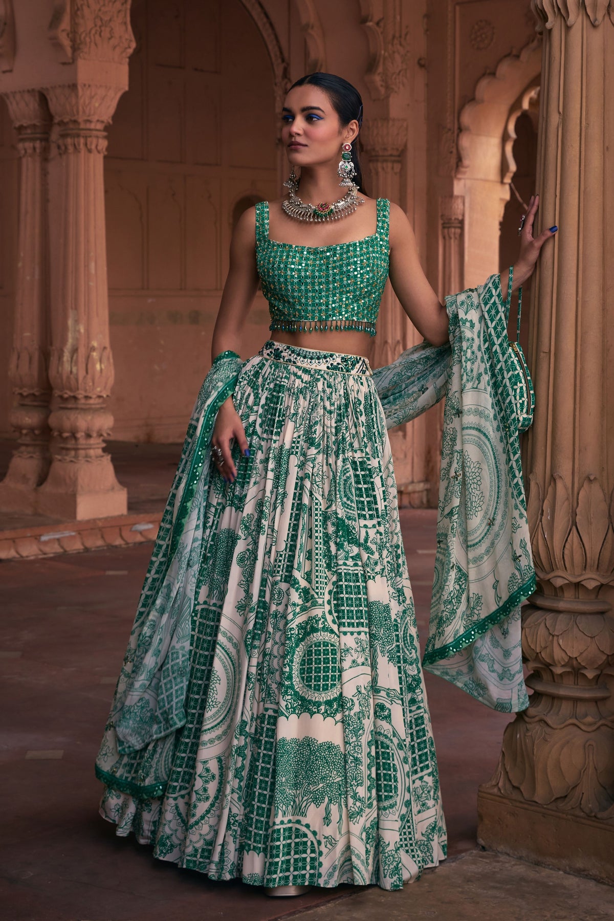 Green Grid Print Lehenga Set