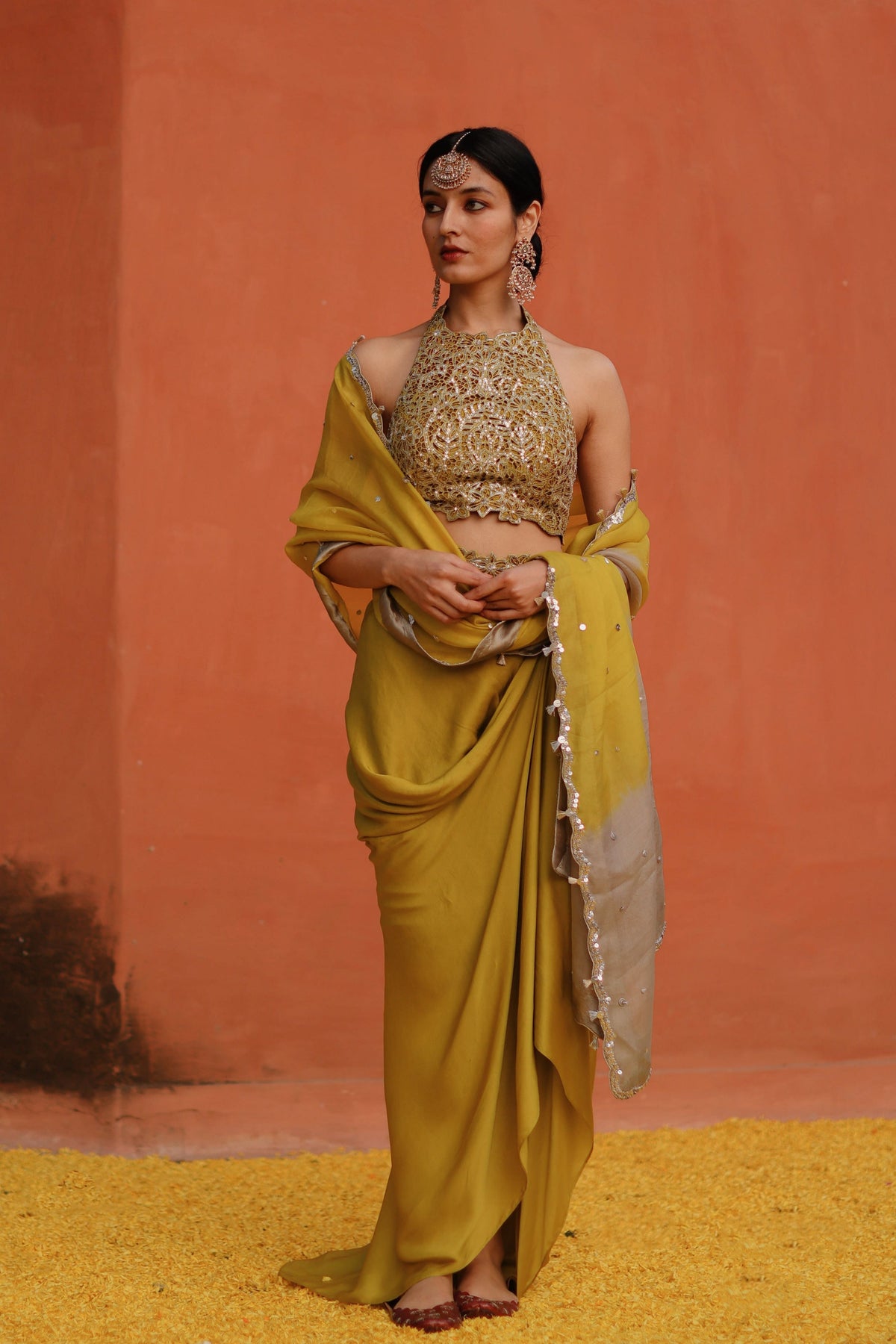 Mustard Kurta With Drape Skirt