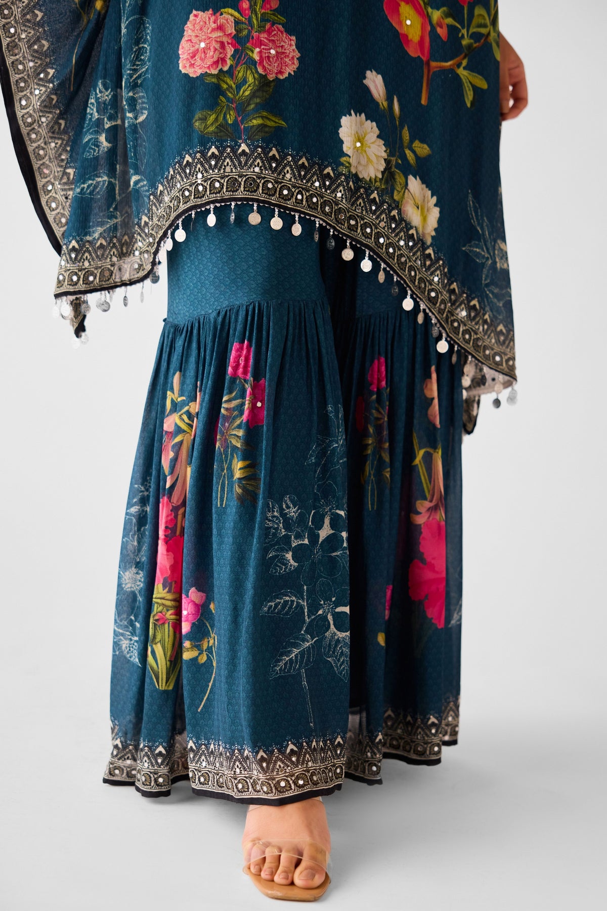 Teal Mirror Work Chinon Sharara Set