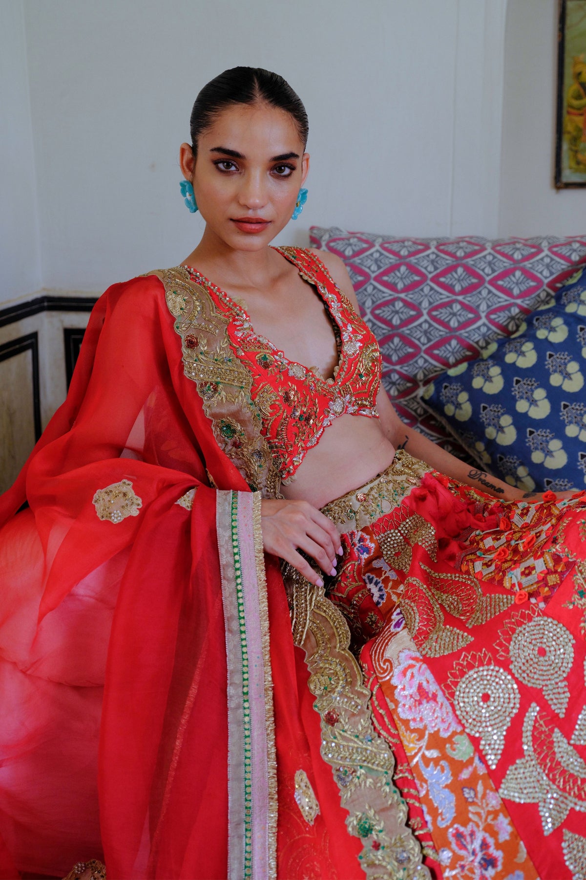 Red Zari Silk Lehenga Set