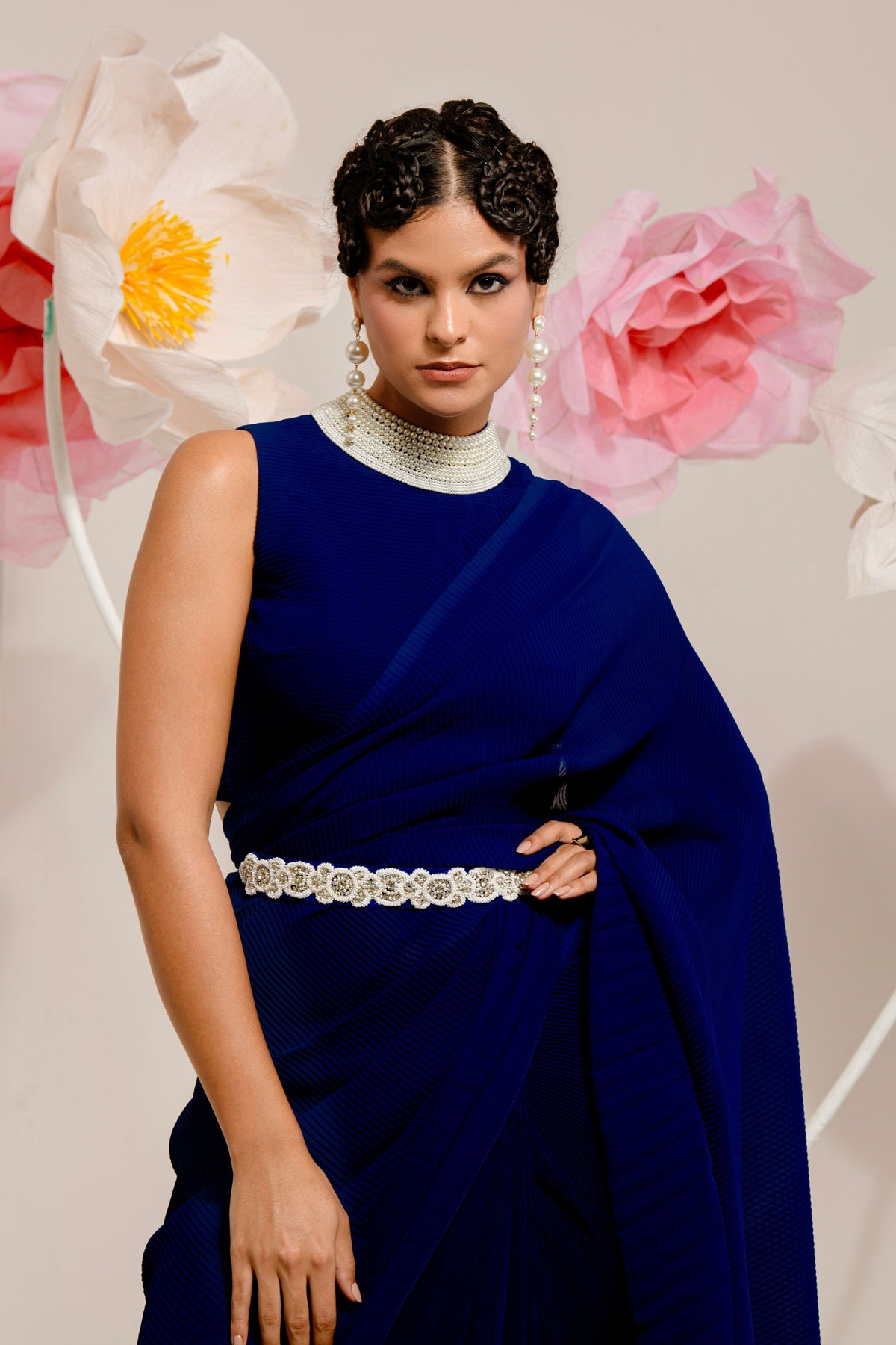 Pre-draped Navy Blue Saree