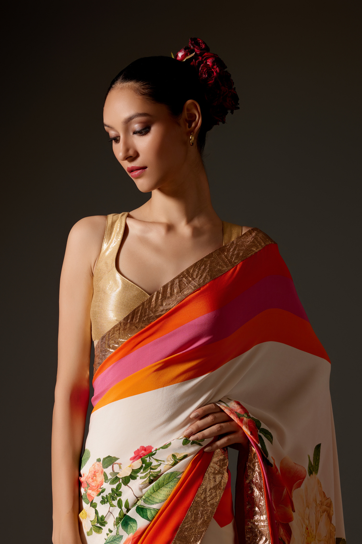 Digital Print Ivory Crepe Saree