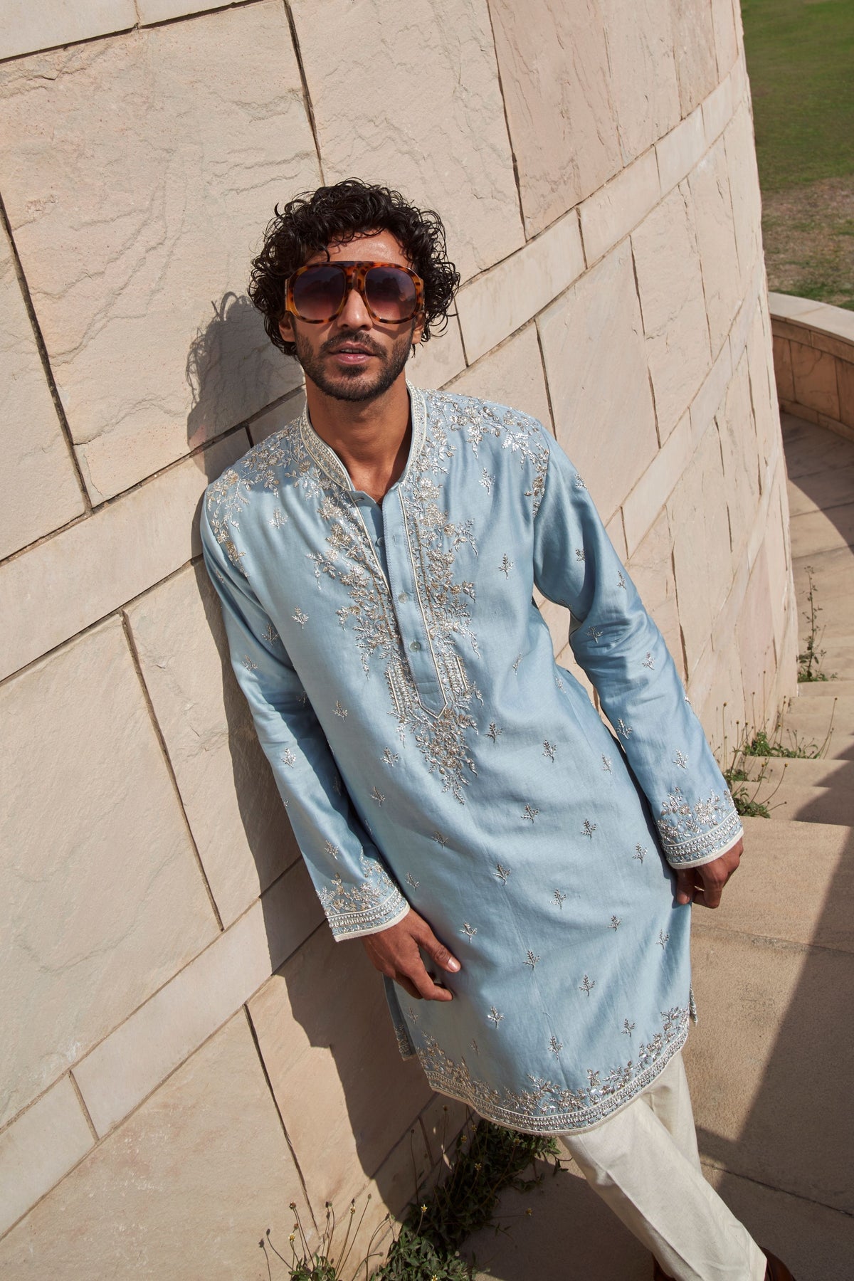 Powder Blue Geometric Creeper Kurta