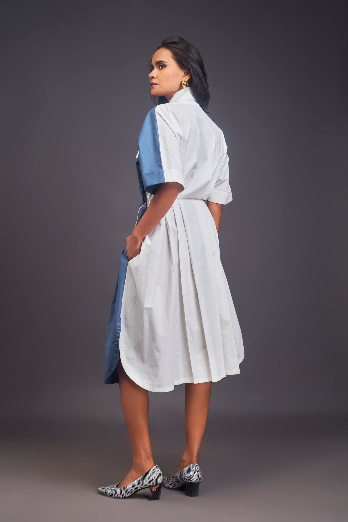 Blue and White Pleated Shirt Dress