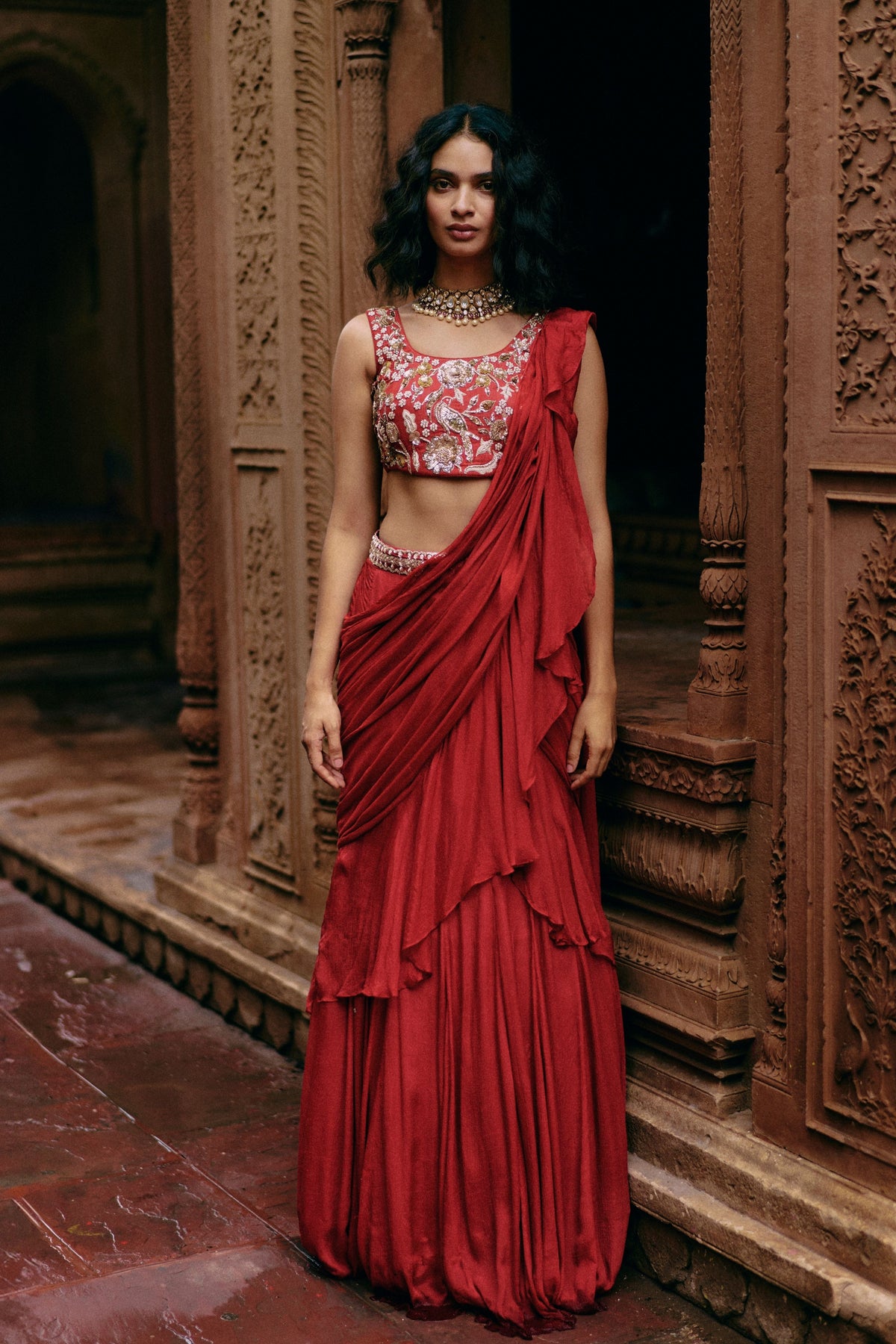 Crimson Red Chiffon Saree Set