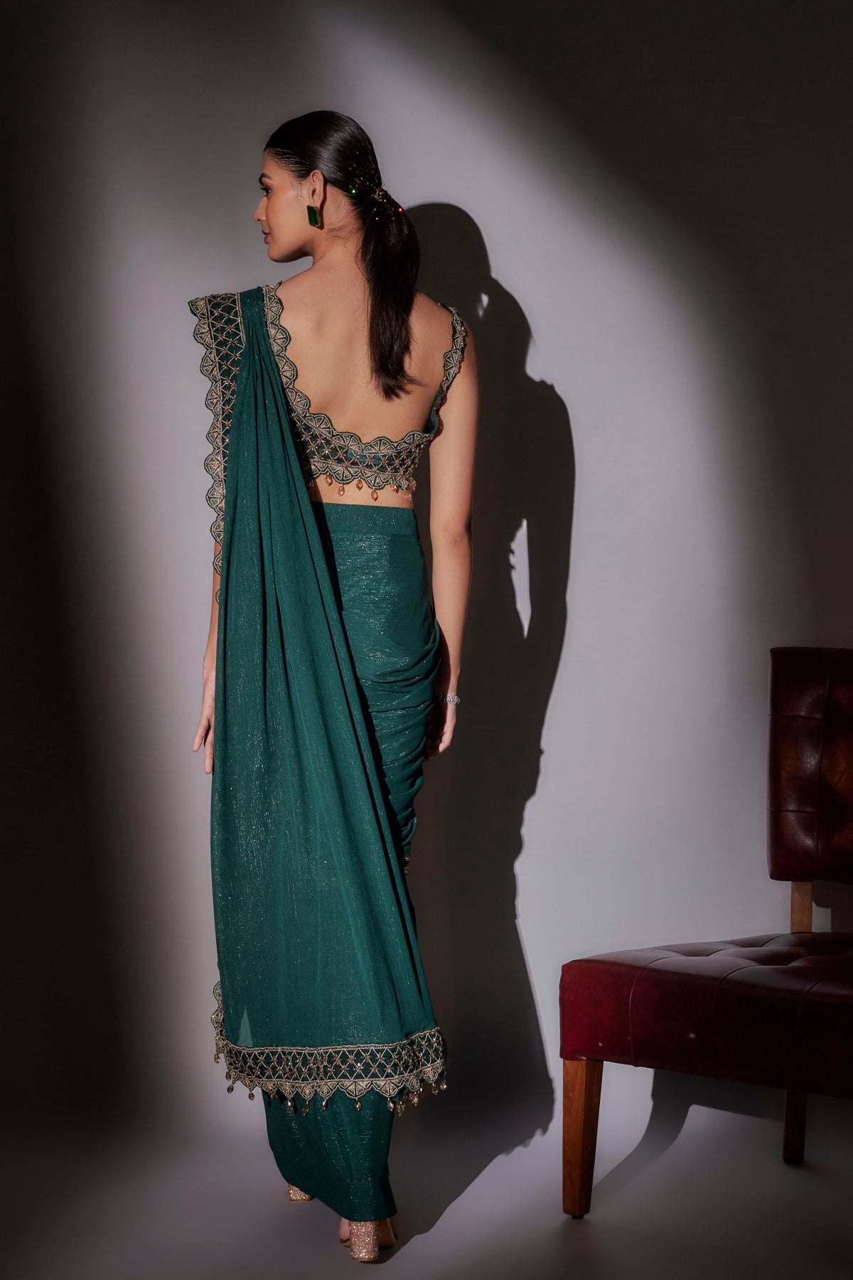 Green Pre-Draped Saree Set