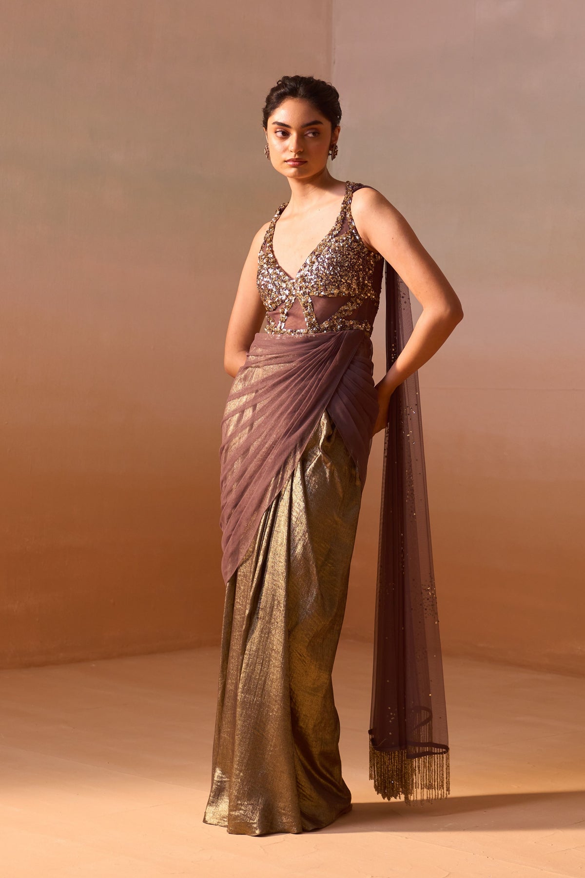 Chocolate Brown Draped Saree