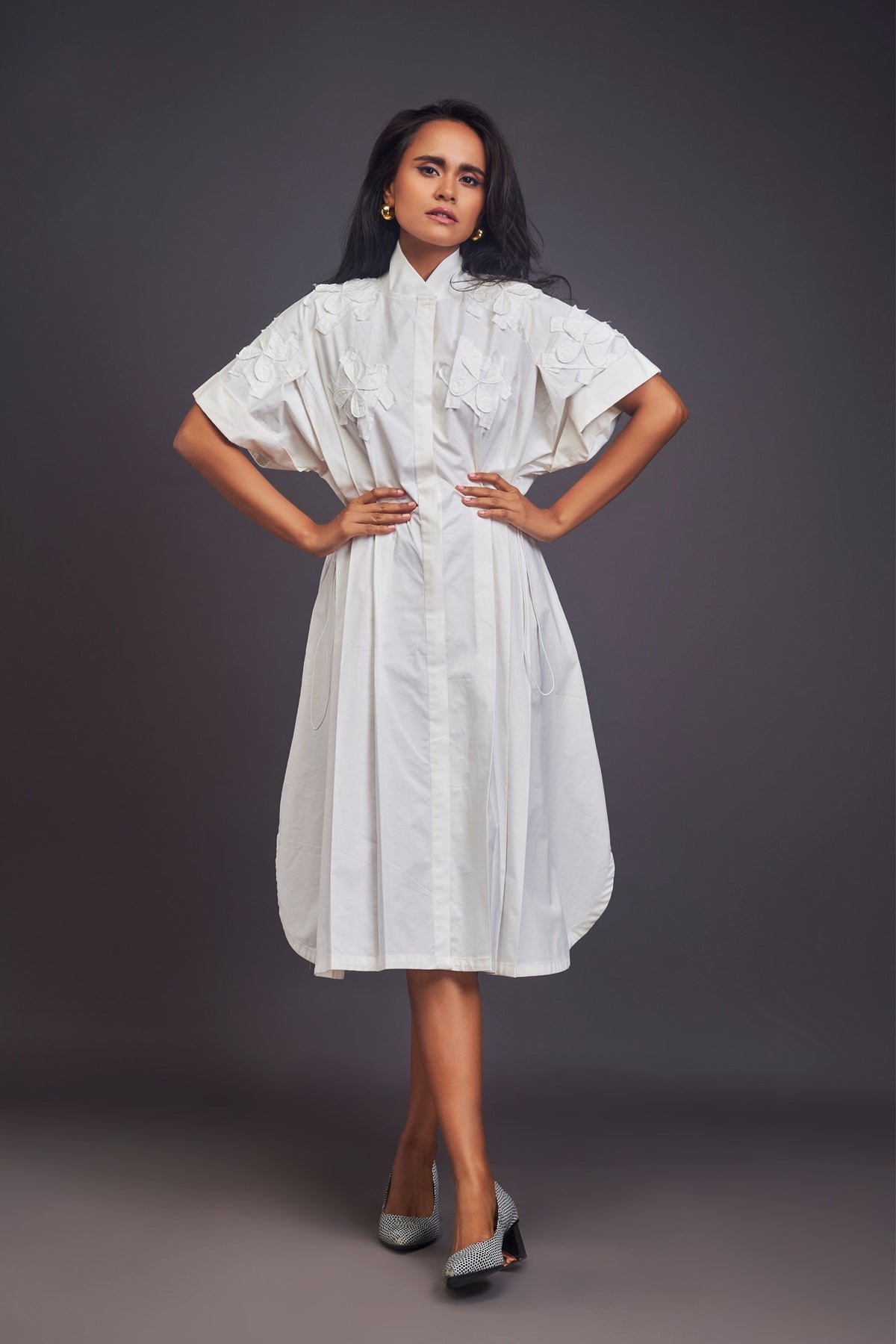 White Pleated Shirt Dress