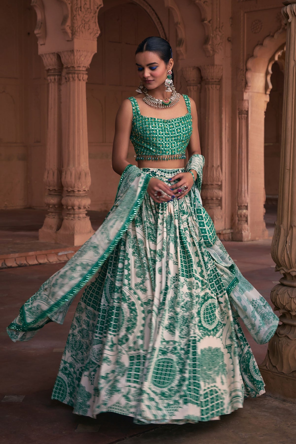 Green Grid Print Lehenga Set