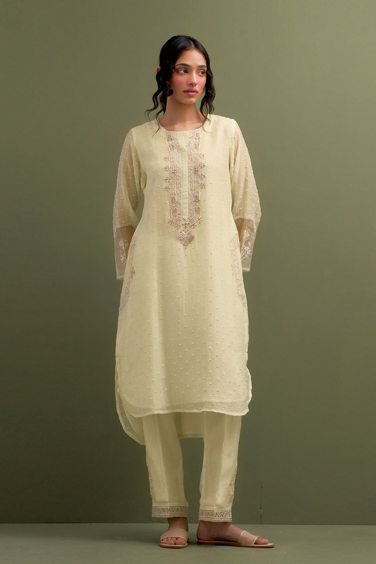 Yellow Embroidered High Low Kurta Set