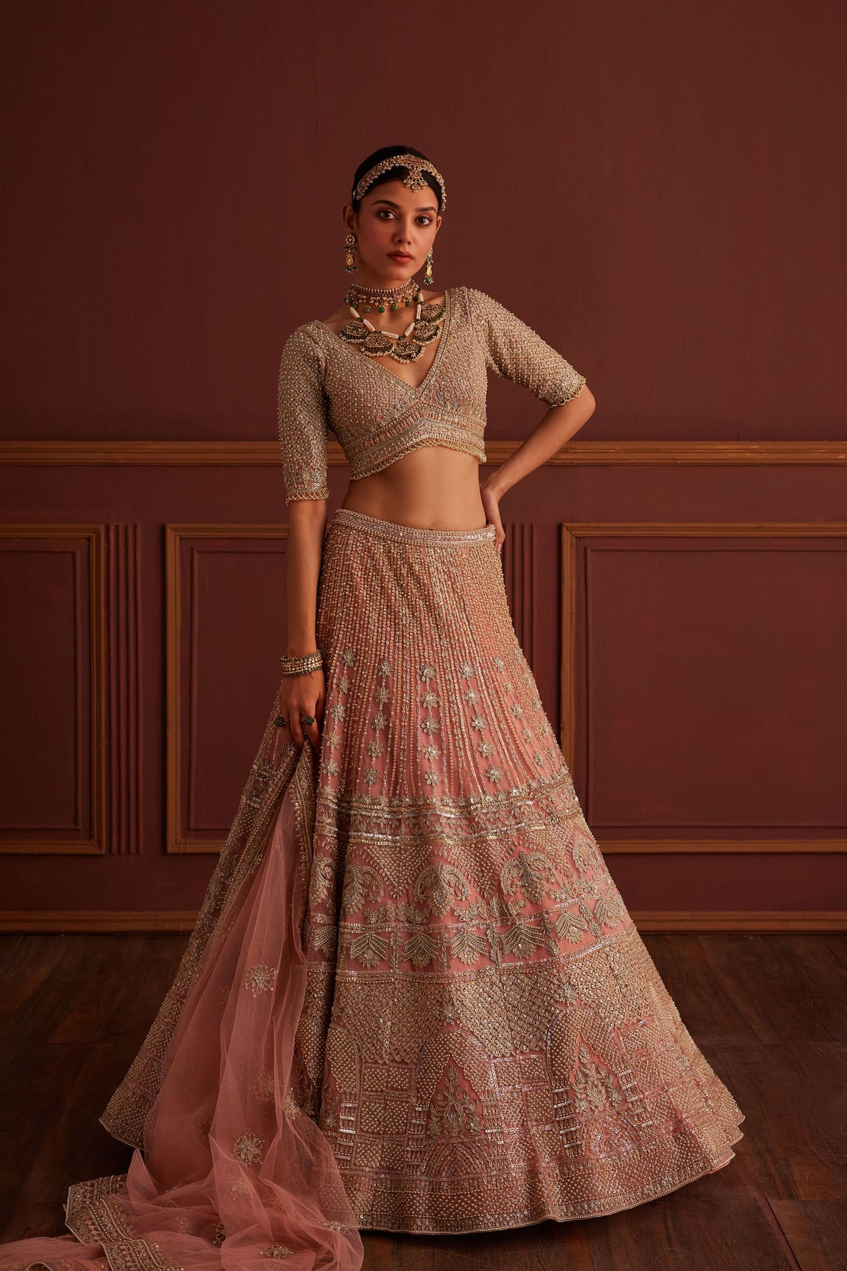 Pink Bead Embellished Bridal Lehenga