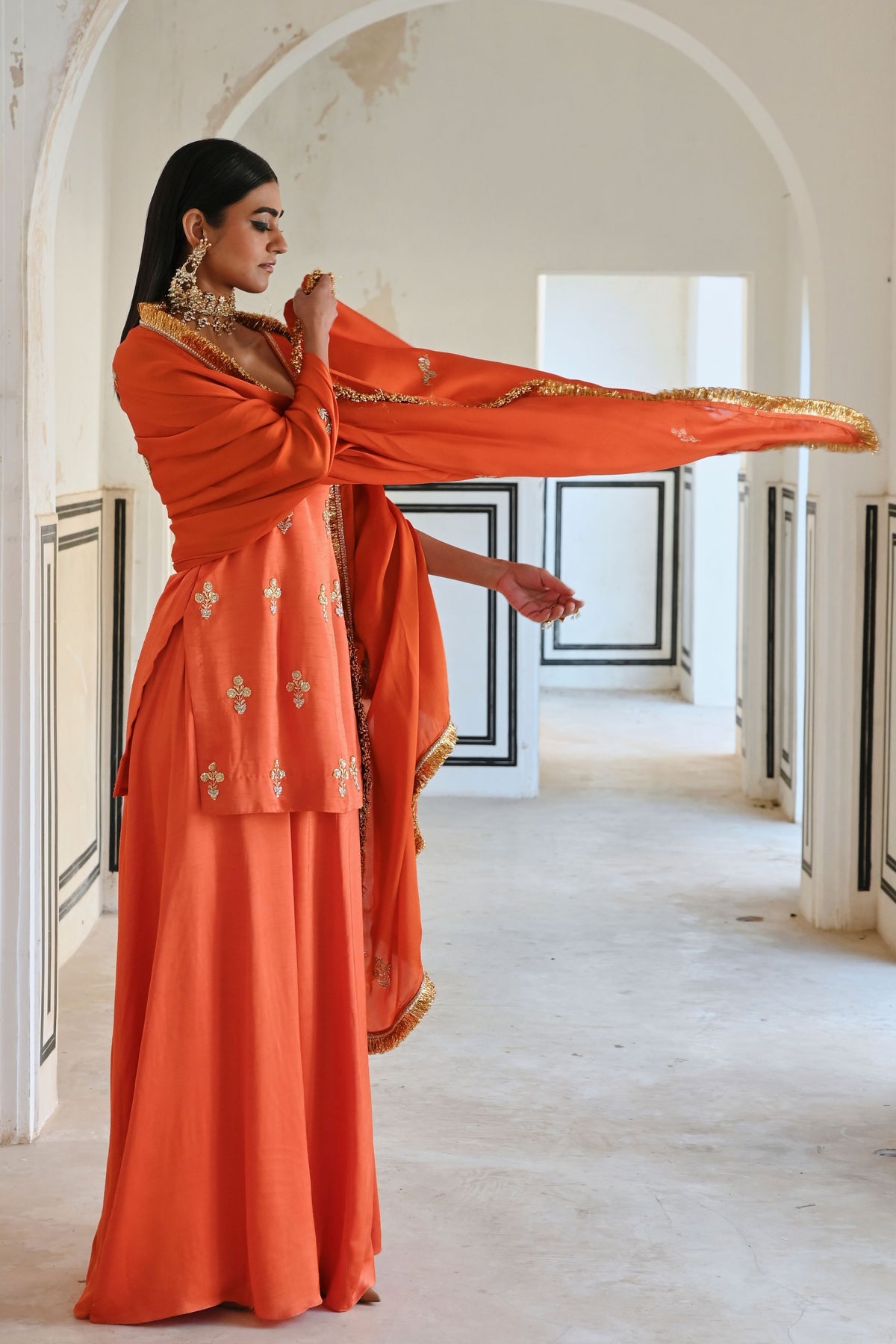 Orange Embroidered Kurta Set