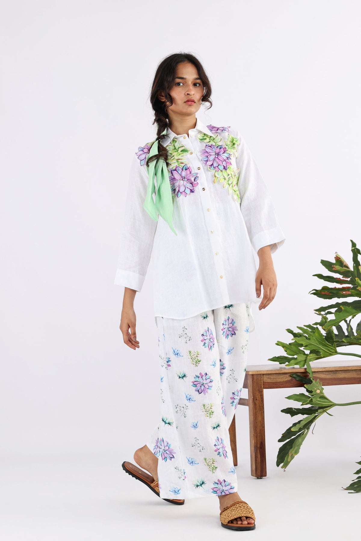 White &amp; Mauve Flora Embroidered Shirt