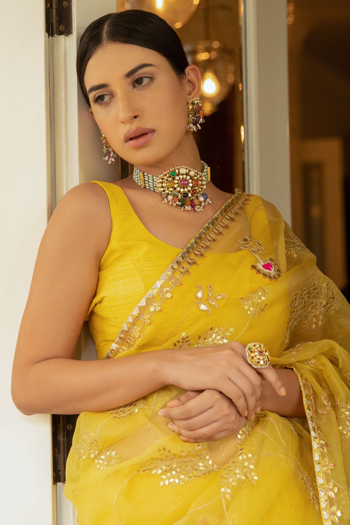 Yellow Gota Patti Jaal Saree Set