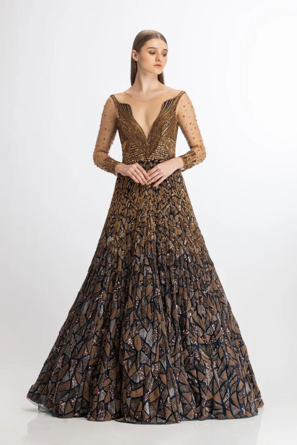 Midnight blue and copper flare gown