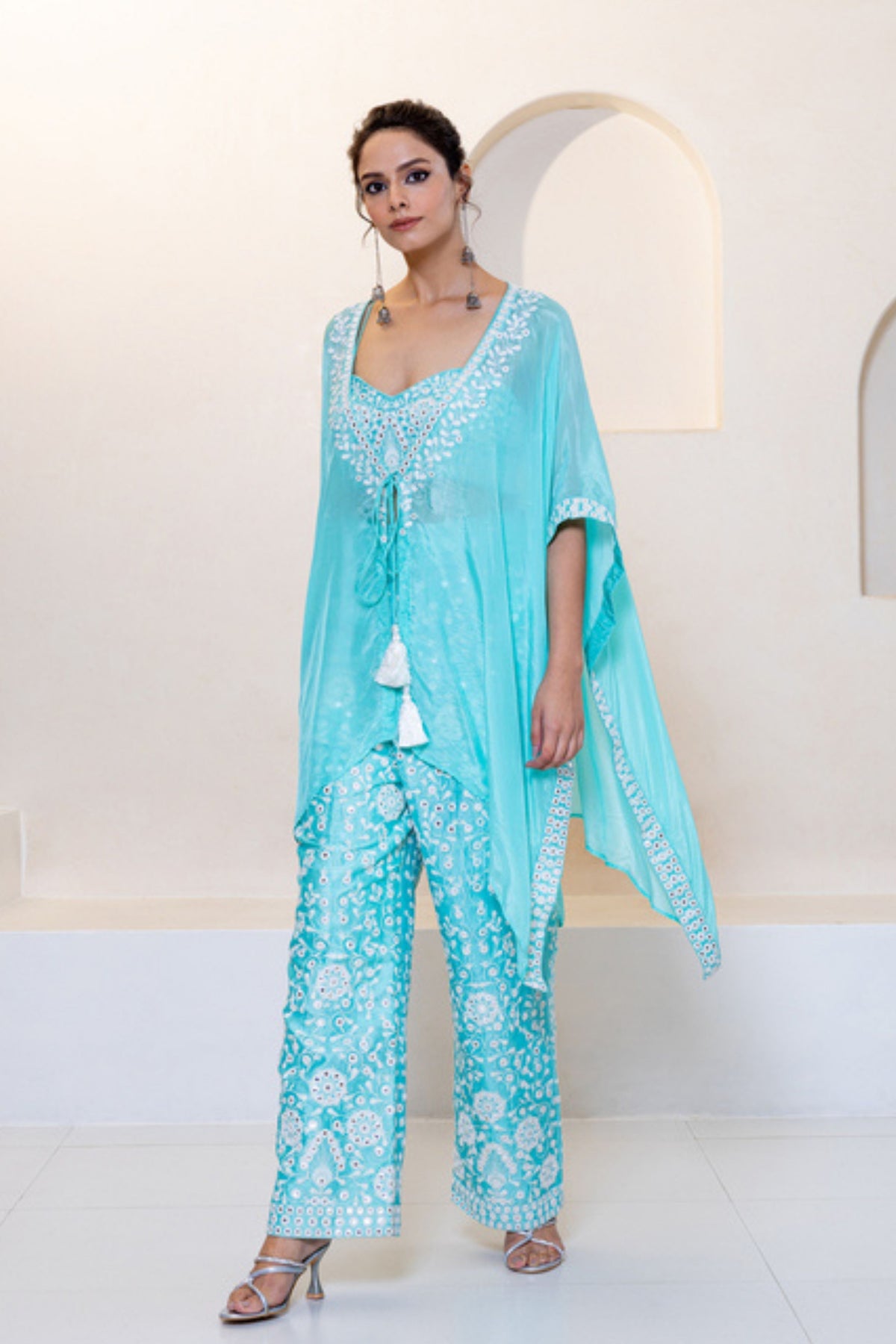 Aqua Kaftan With Bustier Set