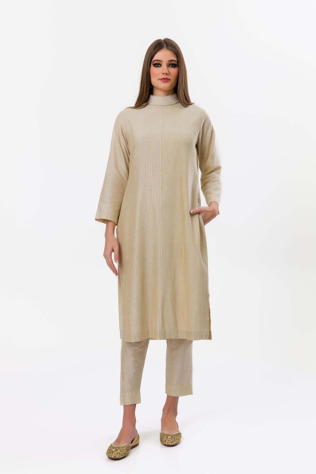 Exquisite Beige Pintucks Pearl Polo Kurta Set