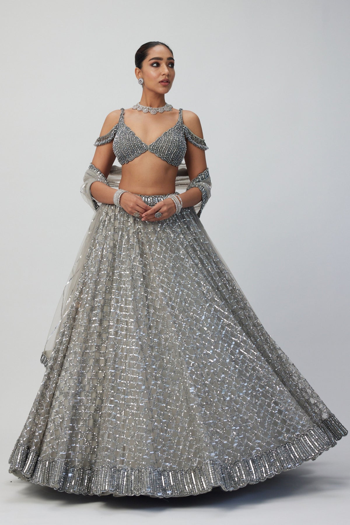 Crystal Grey Embroidered Lehenga Set