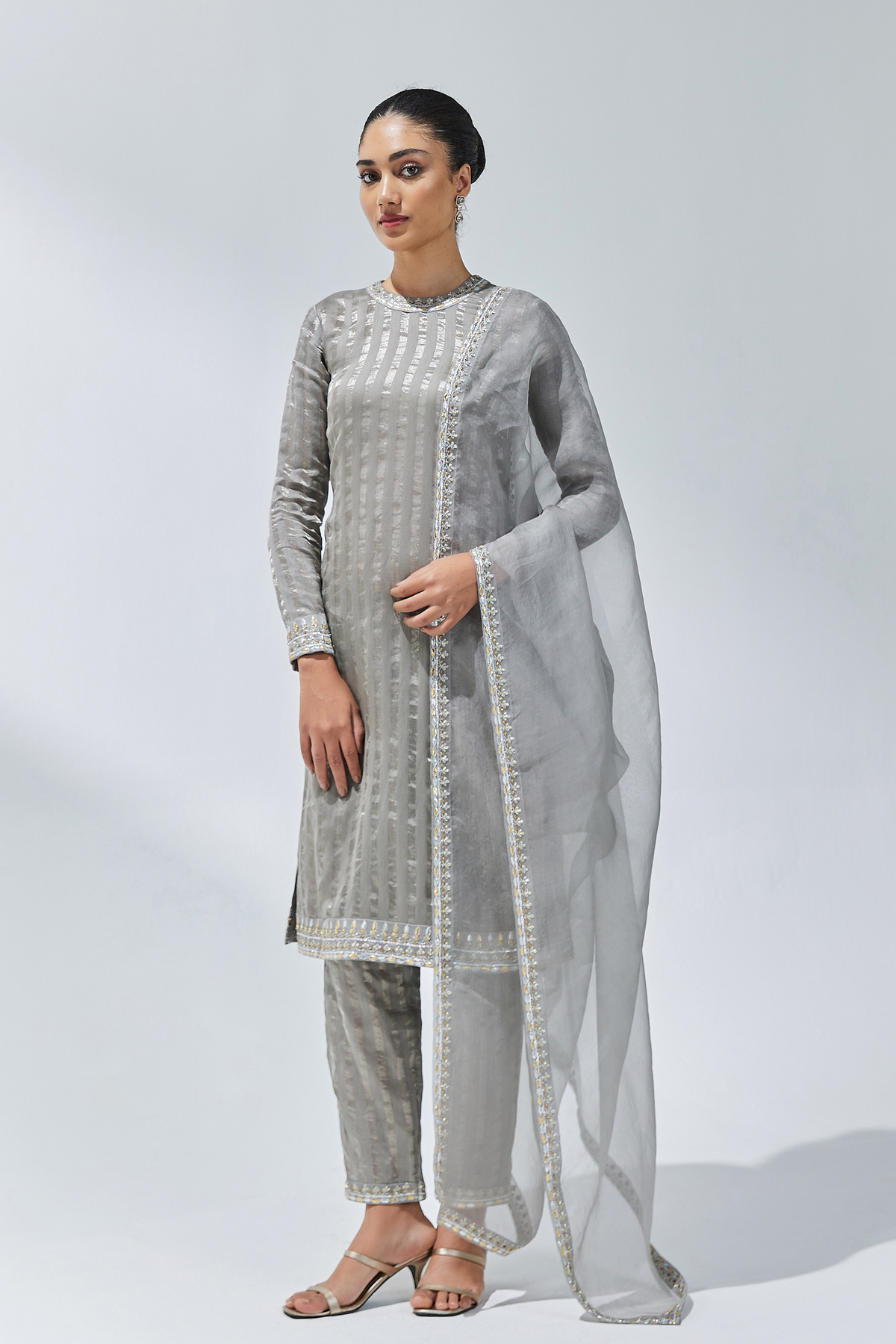 Stone Grey Embroidered Kurta Set