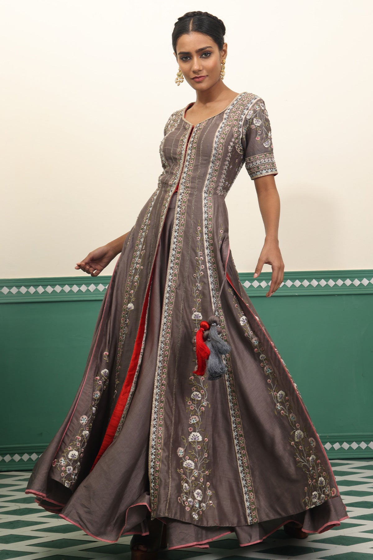 Grey Anarkali &amp; Skirt Set