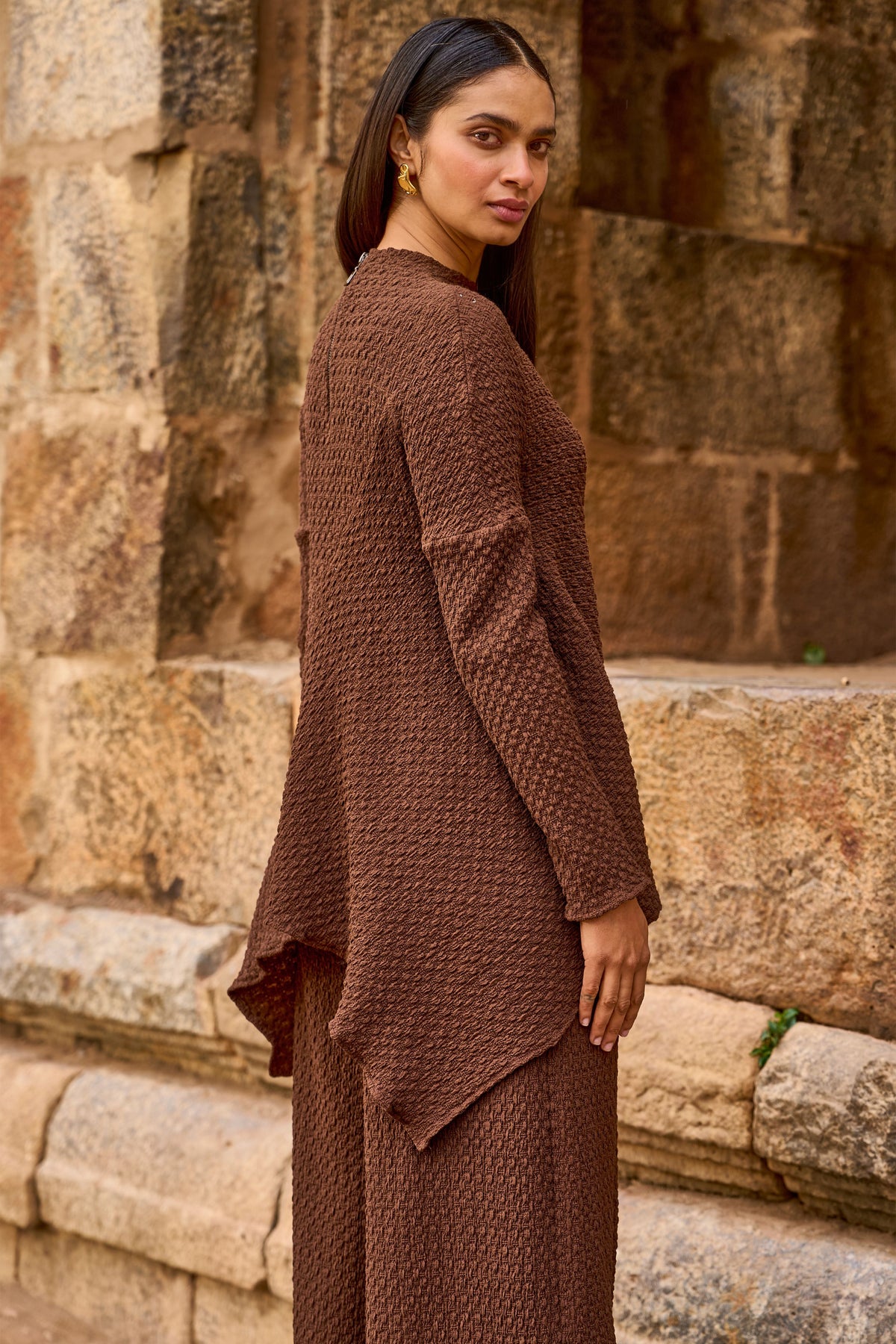 Brown Knit Architectural Top