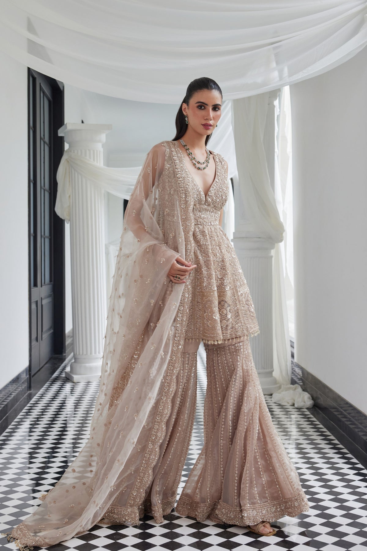 Beige Peplum-sharara Set