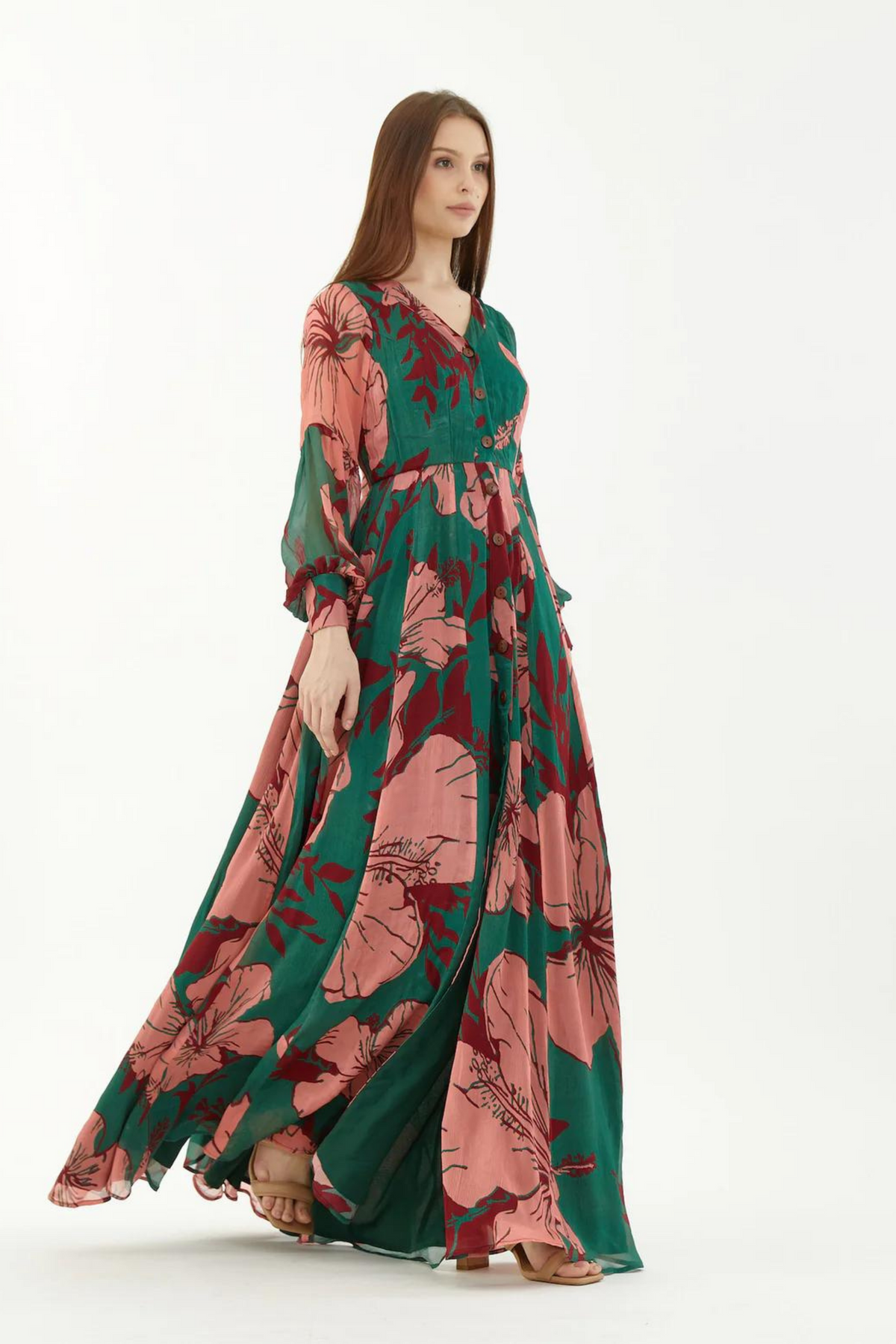 Green, Pink And Red Floral Long Shirt Dress