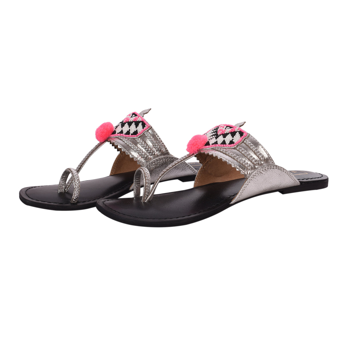 silver kohlapuri embroidered sandals