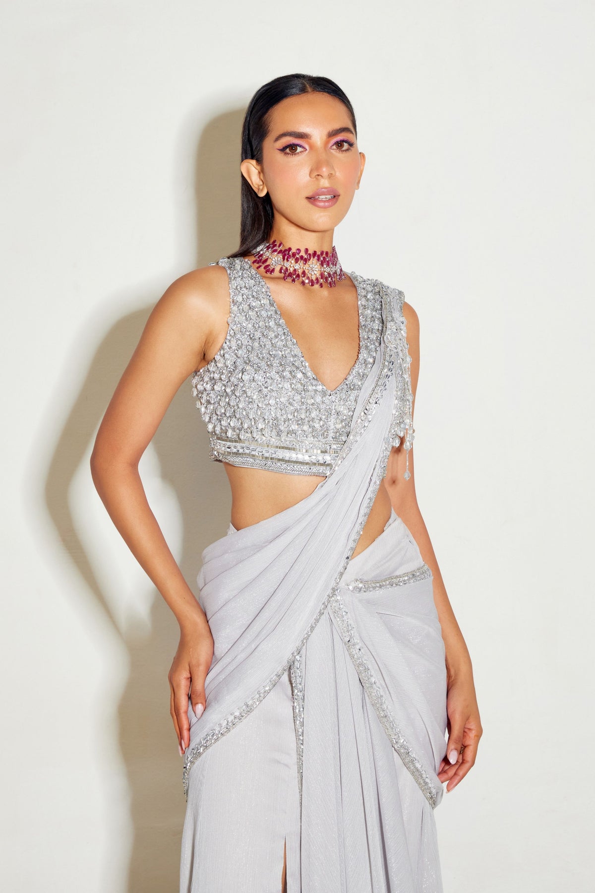 Grey Pre-Draped Slit Saree Set