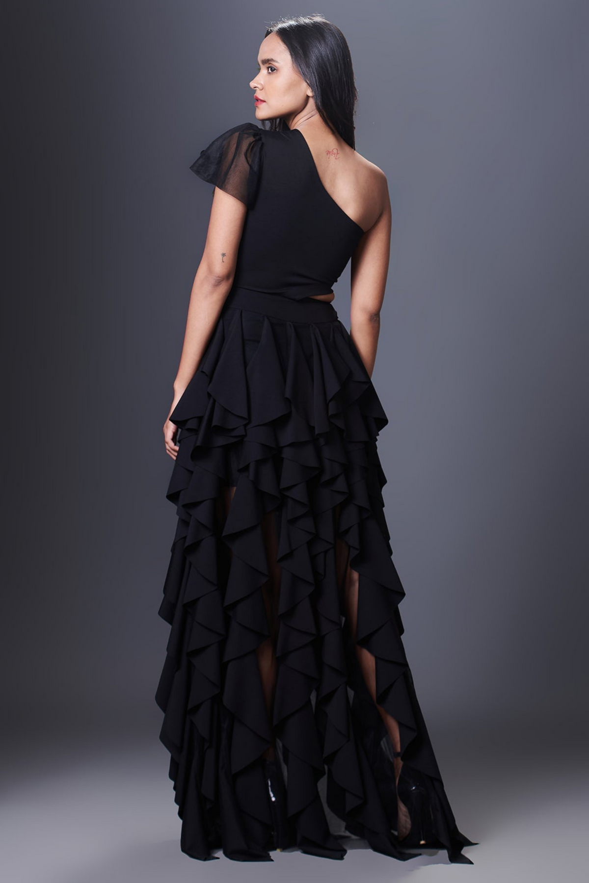 Black One Shoulder  Ruffle Dress