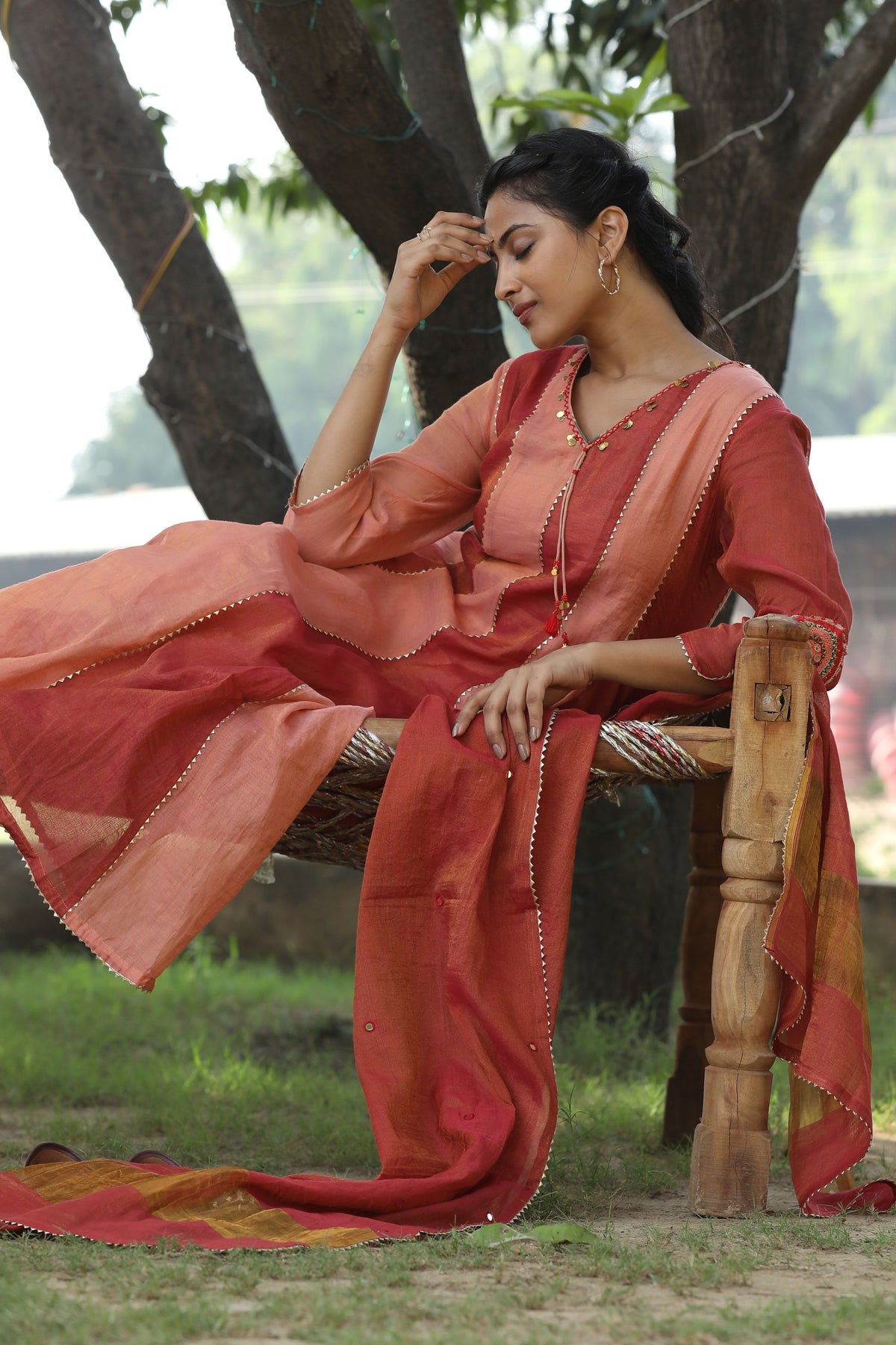 Red And Peach Kurta Set