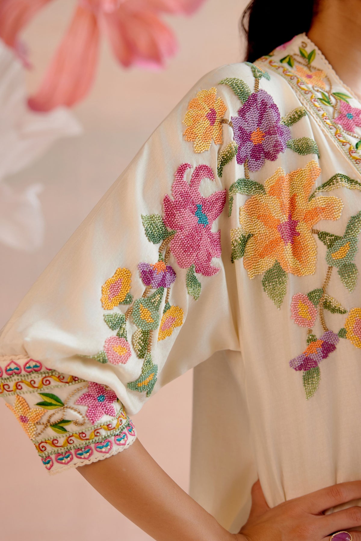 Ivory Floral Beadwork Kimono Tunic Set