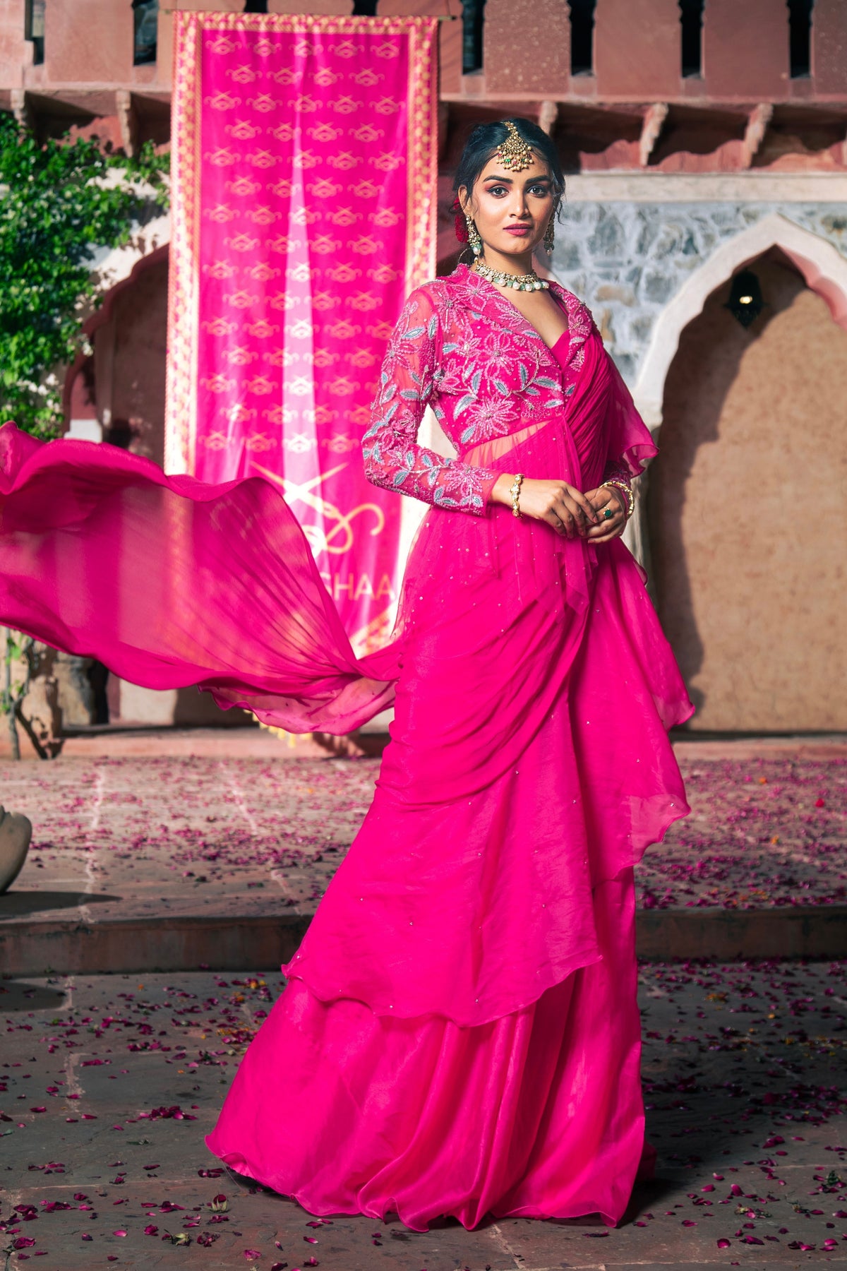 Hot Pink Embroidered Drape Saree Set