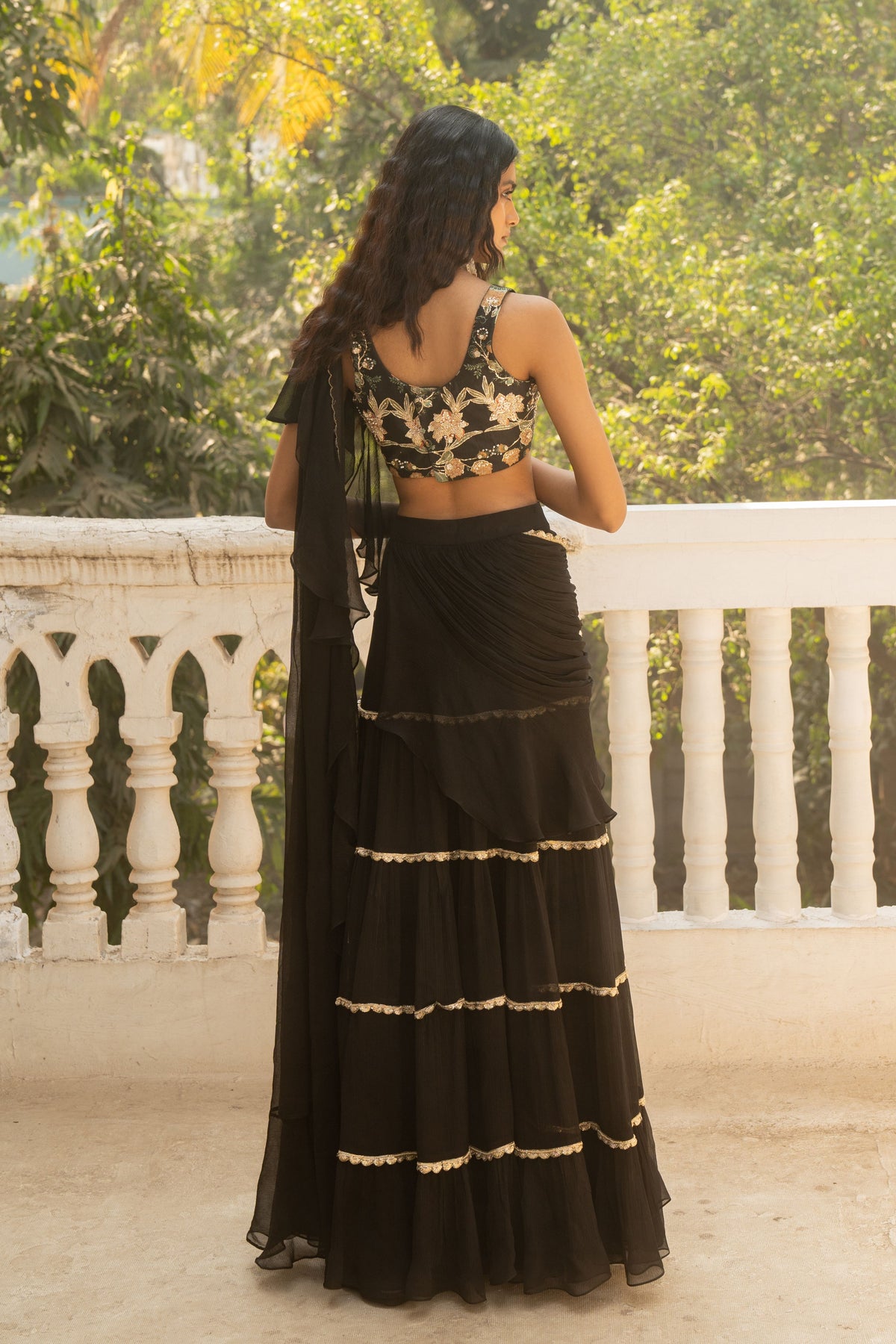 Black Pre-draped Saree Set