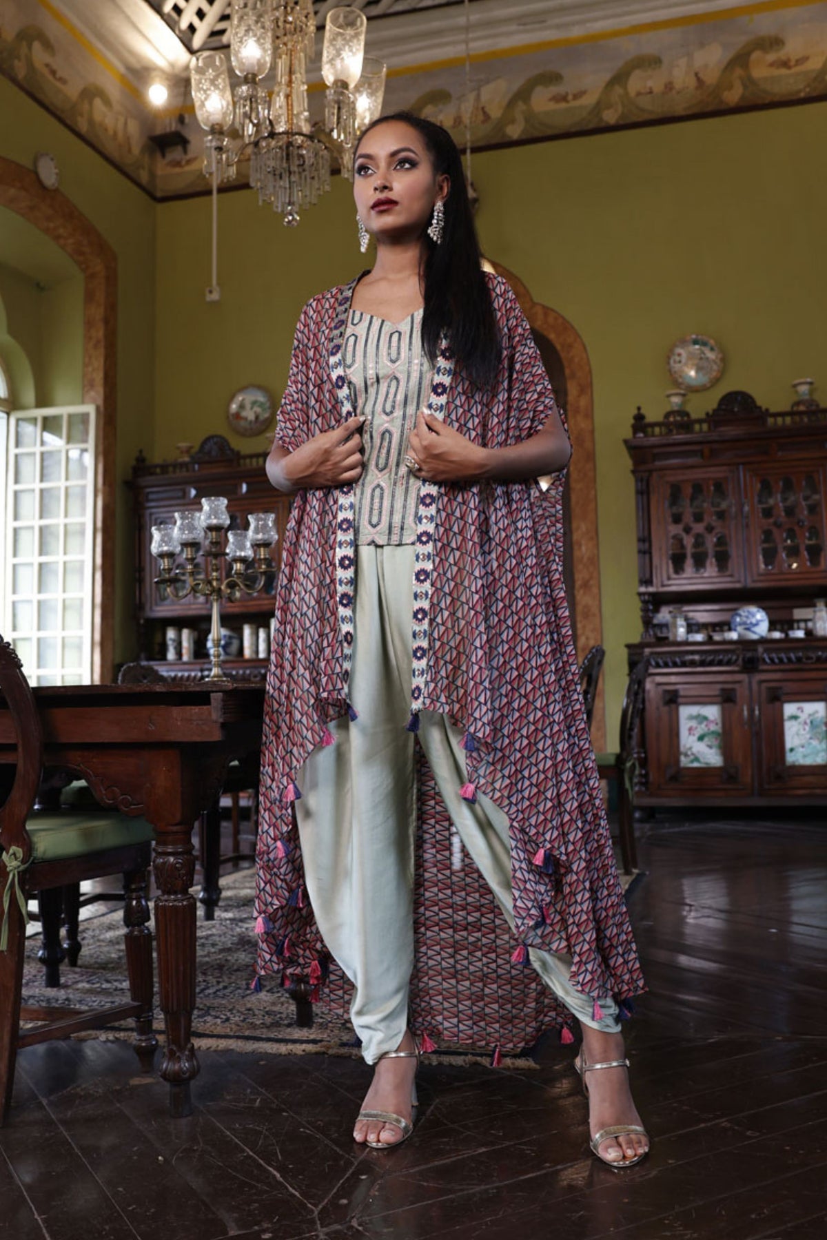 Printed Cape with Pre-Embroidered Singlet and Salwar Pants