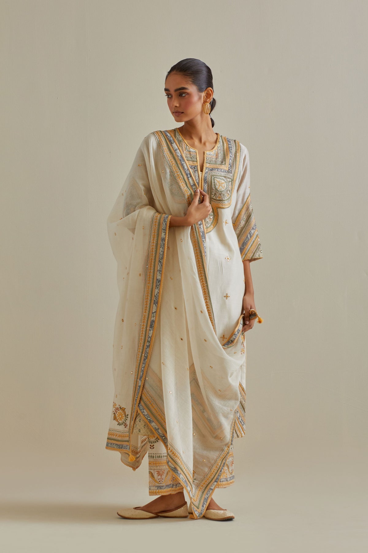 Yellow Thread Embroidered Kurta Set