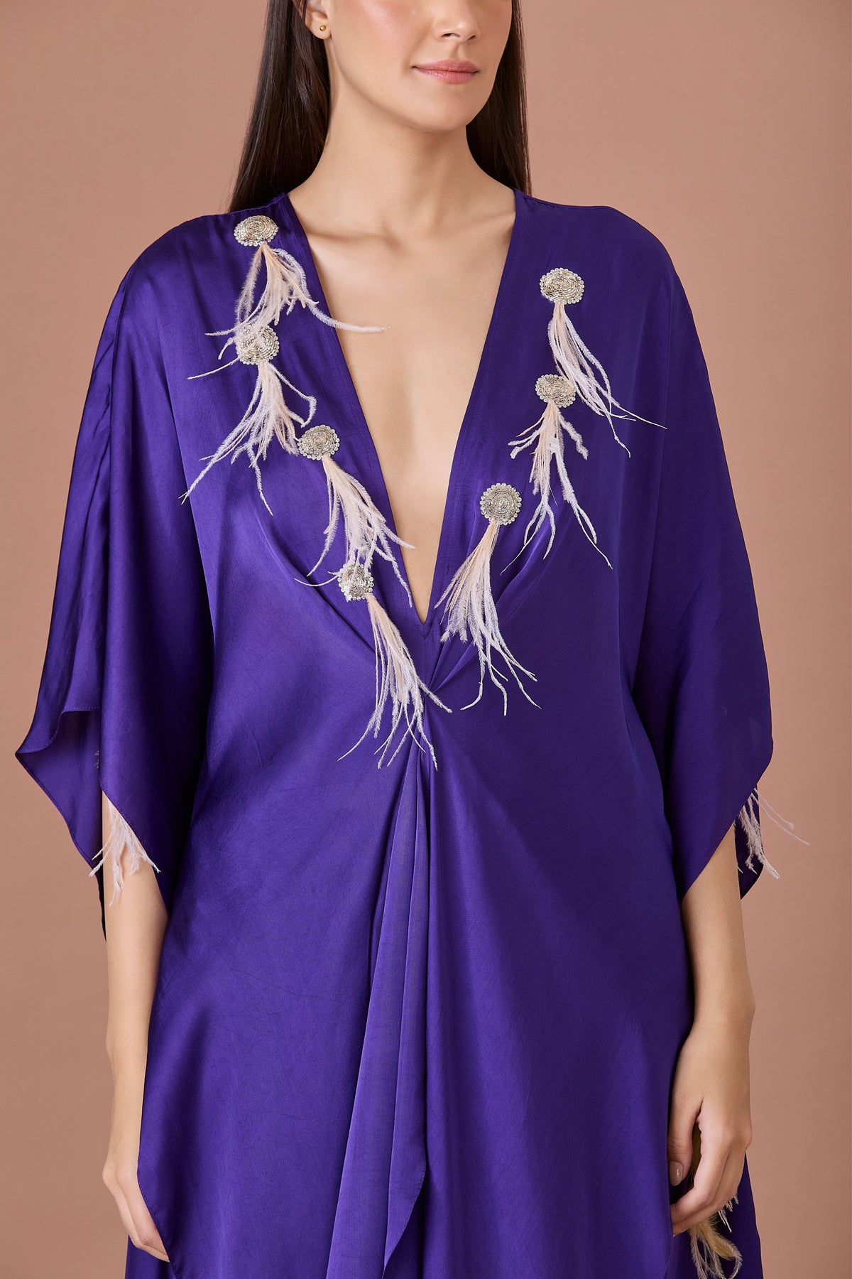 Purple Long Kaftan With Feathers