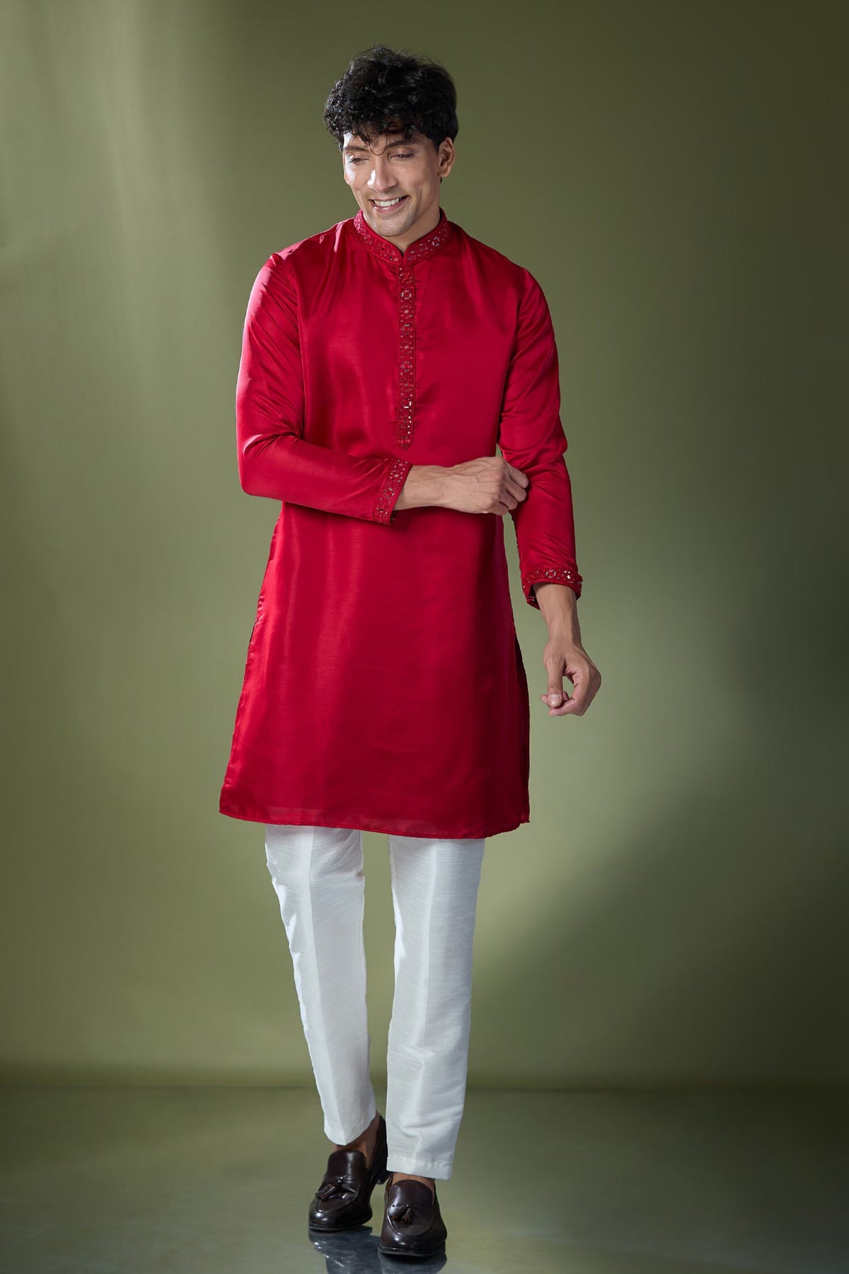 Cherry Red Mirror Embroidered Kurta Set