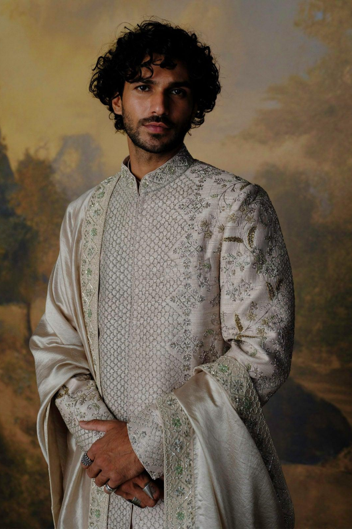 Beige Embroidered Sherwani Set