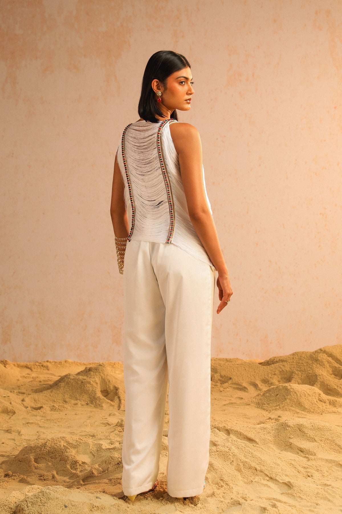 Ivory Pants With Fringe Lace Top