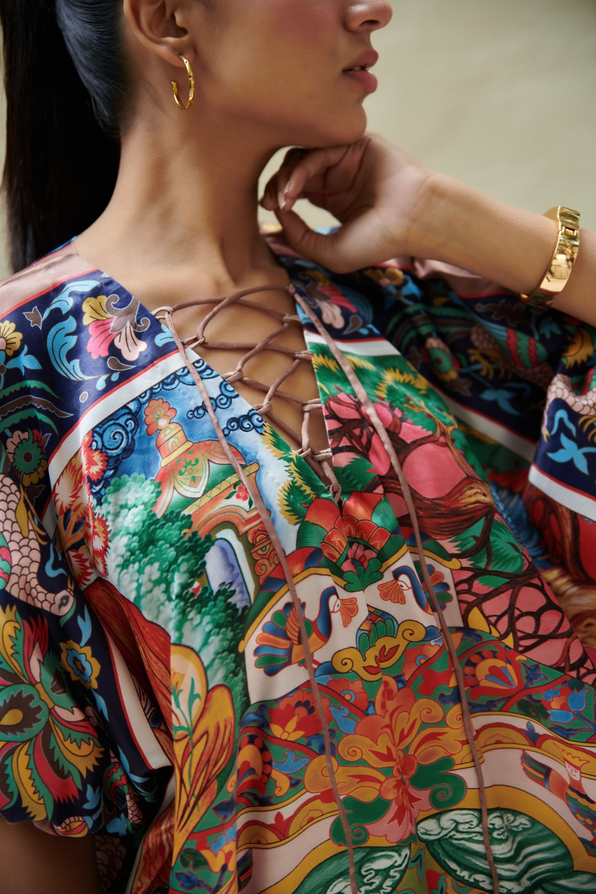 Multicolor V Neck Long Kaftan