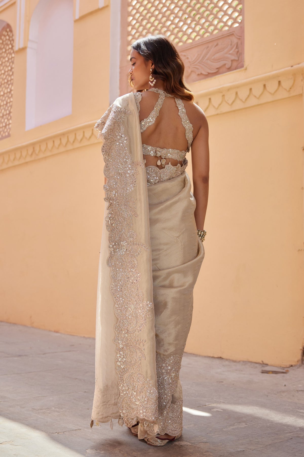 Beige Champagne Embroidered Saree