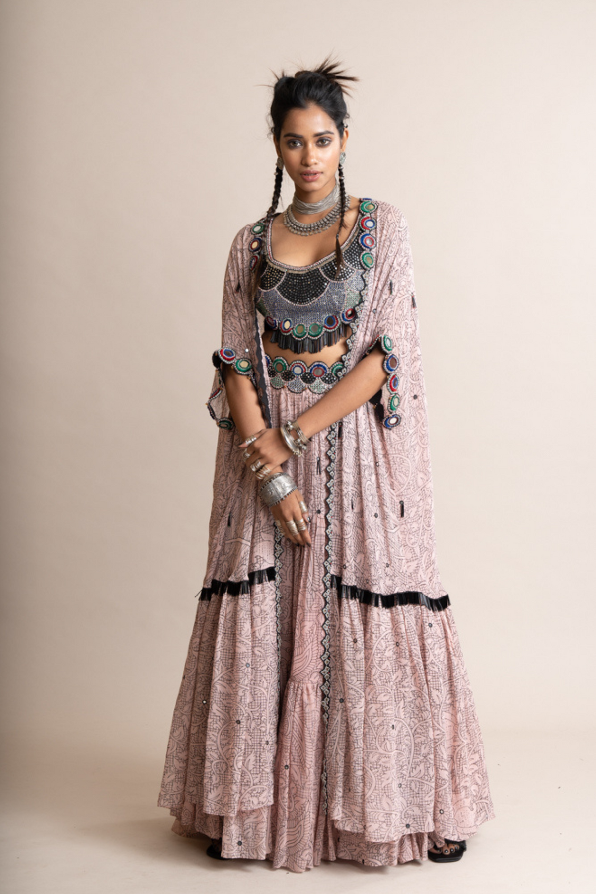 Rose Frill Jacket And Tiered Lehenga