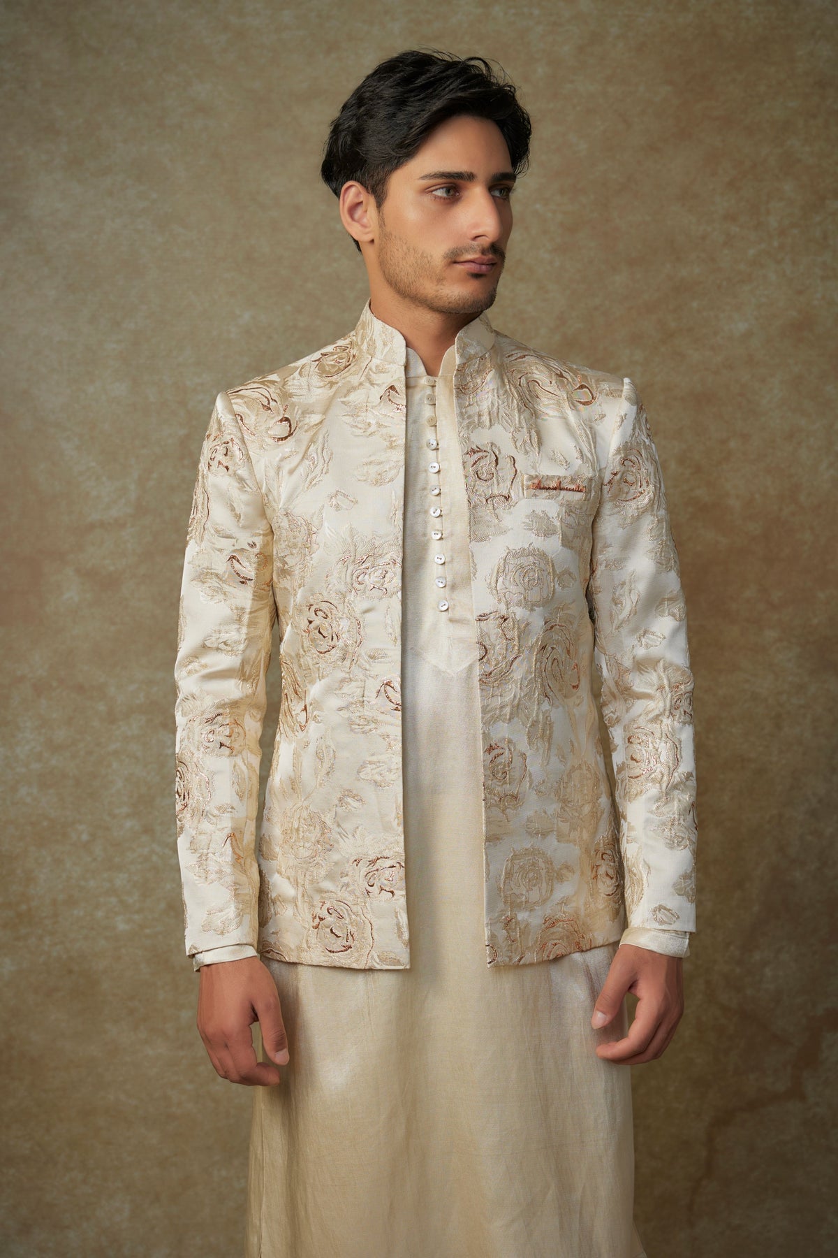 Beige Floral Embroidered Jacket Set