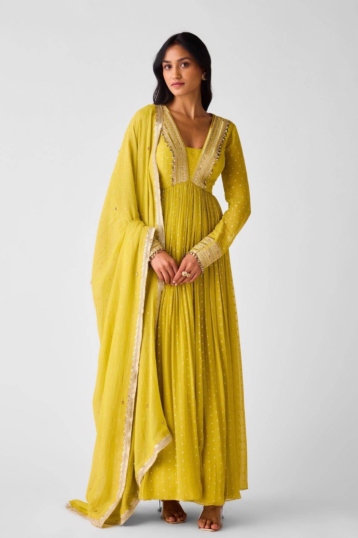 Yellow Banarasi Chinon Anarkali Set