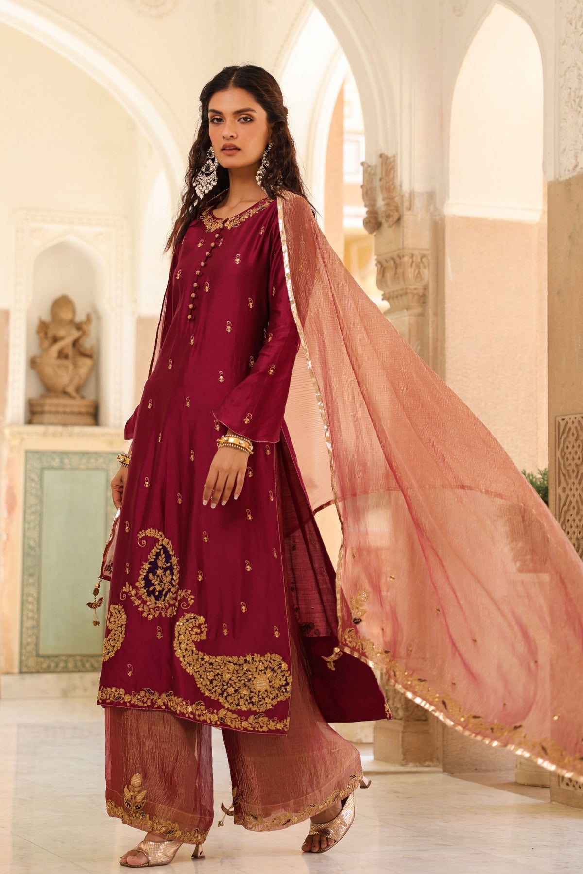 Applique Long Wine Kurta Set