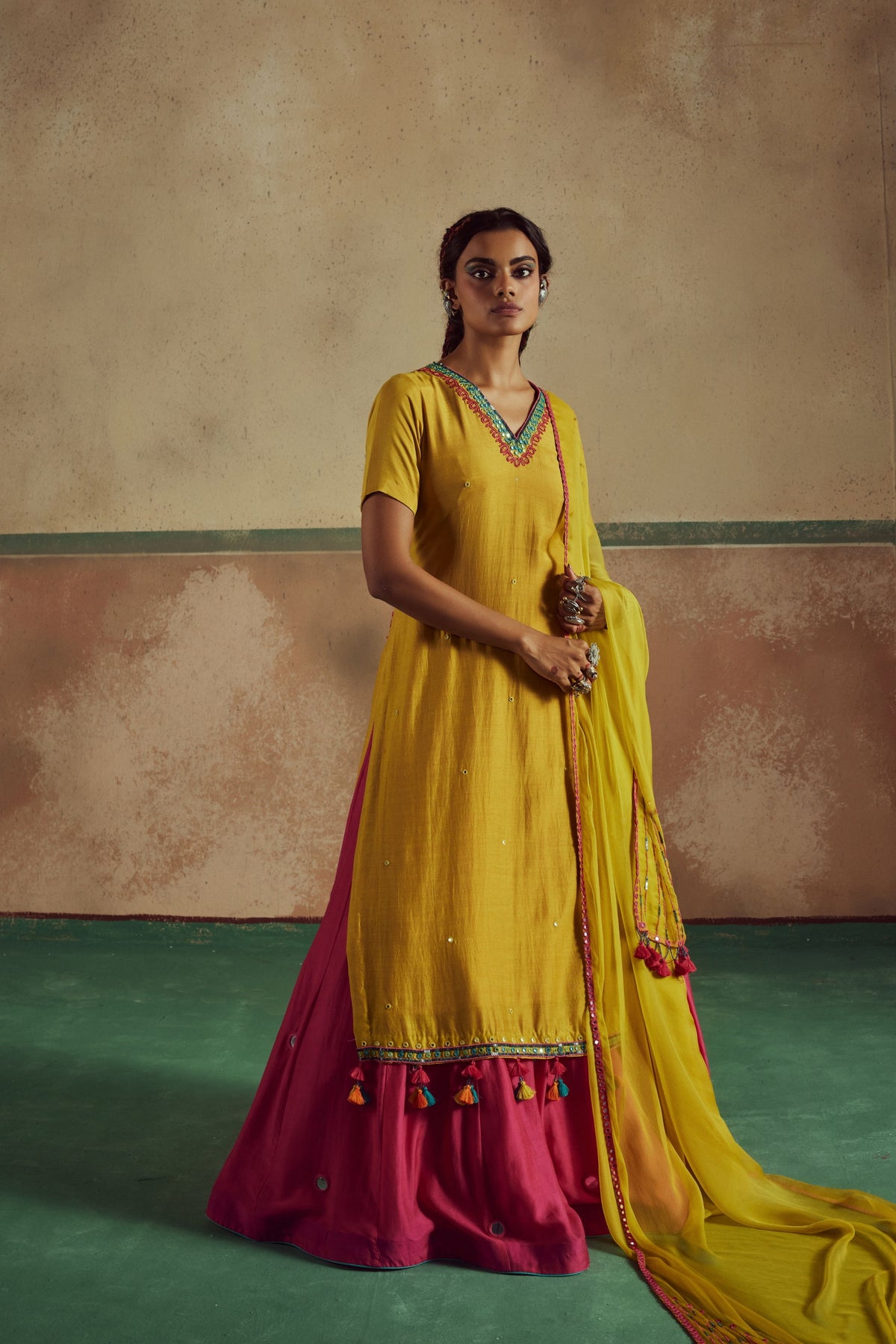 Backless Yellow  Kurta Skirt Set