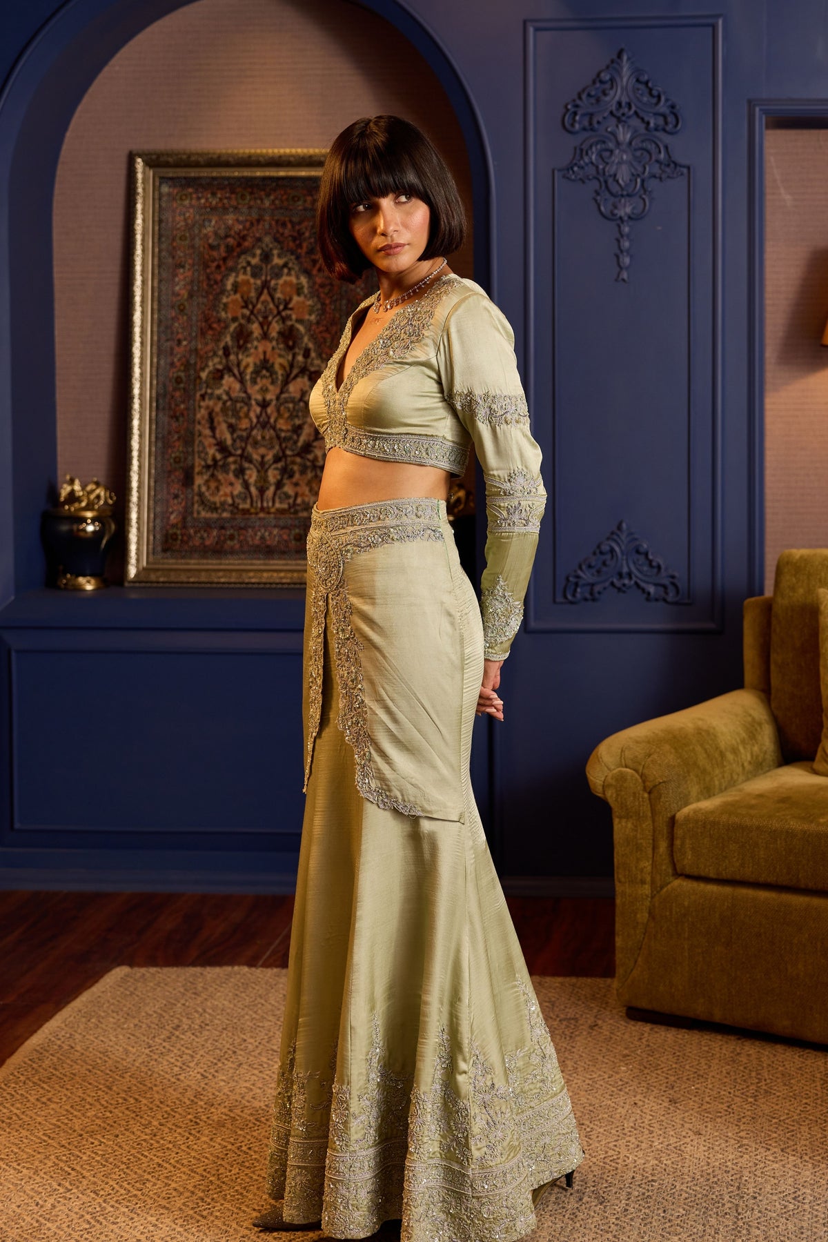 Sophisticated Sage Green Satin Ensemble